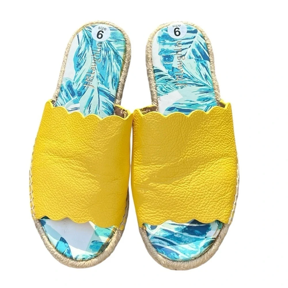 J. McLaughlin Aries yellow scalloped leather espadrille slip on sandals